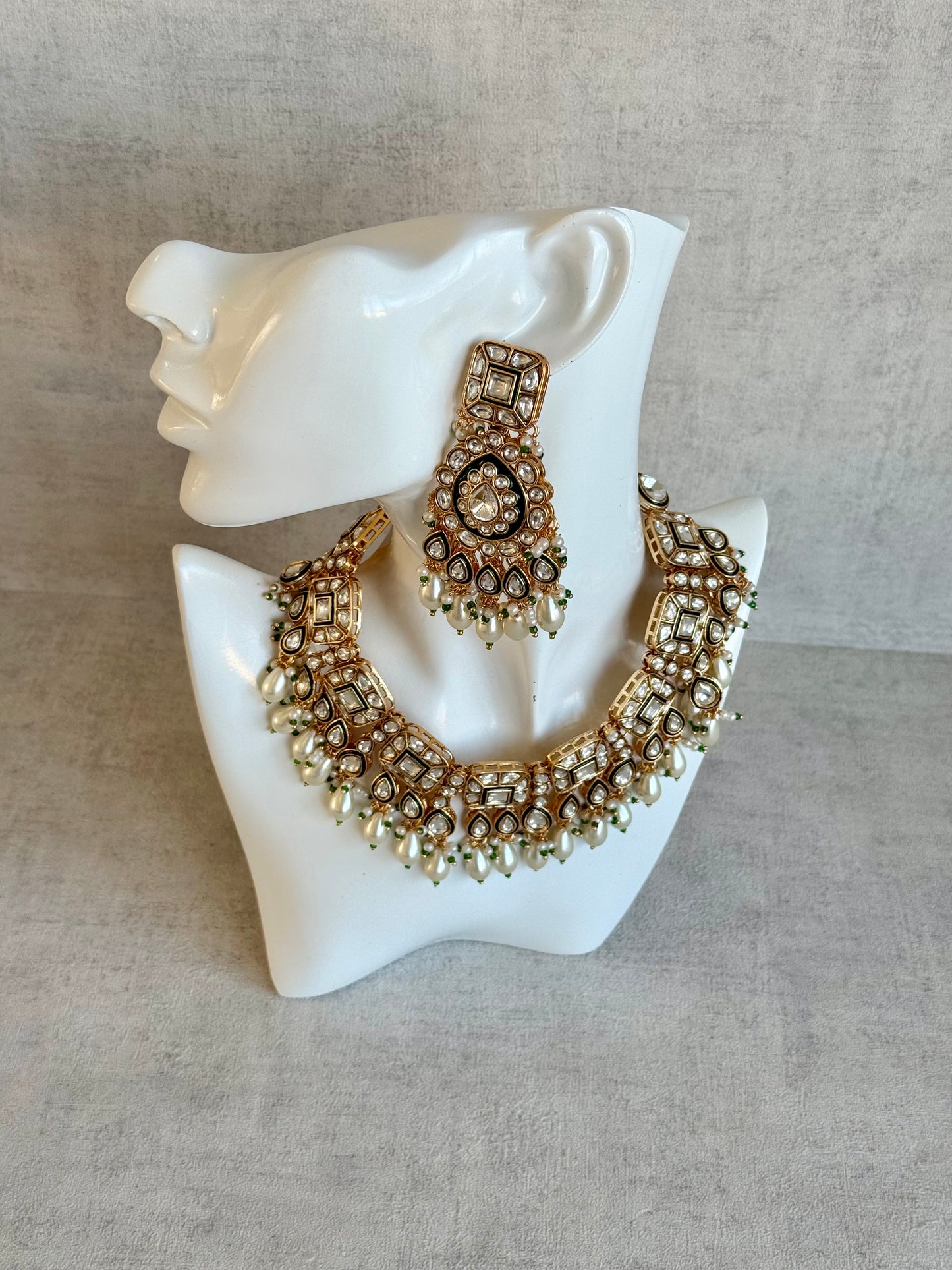 Ayura Designs Ishrat Set with Necklace, Earrings & Tikka – Kundan Detailing & Ivory Pearl Drops
