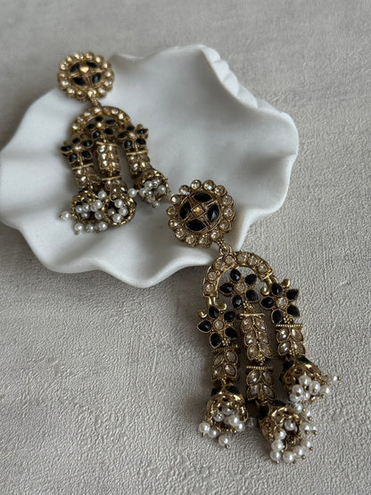 Ayura Designs Soraya Earrings – Black Stones, Champagne Crystals, Pearl Detailing & Gold Finish