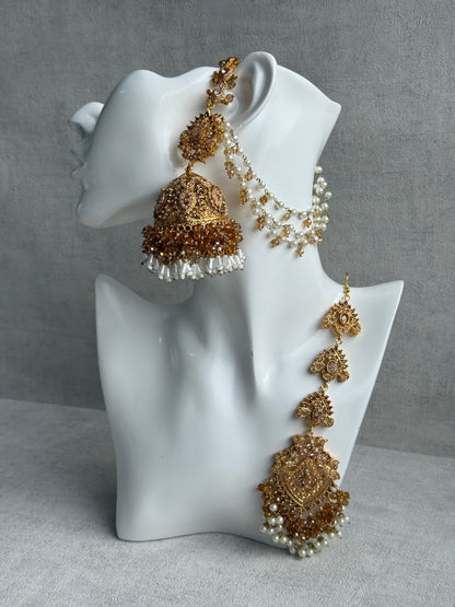 Ayura Designs Safia Tikka Set with Sahare Earrings – Champagne Gold Beads & Pearls