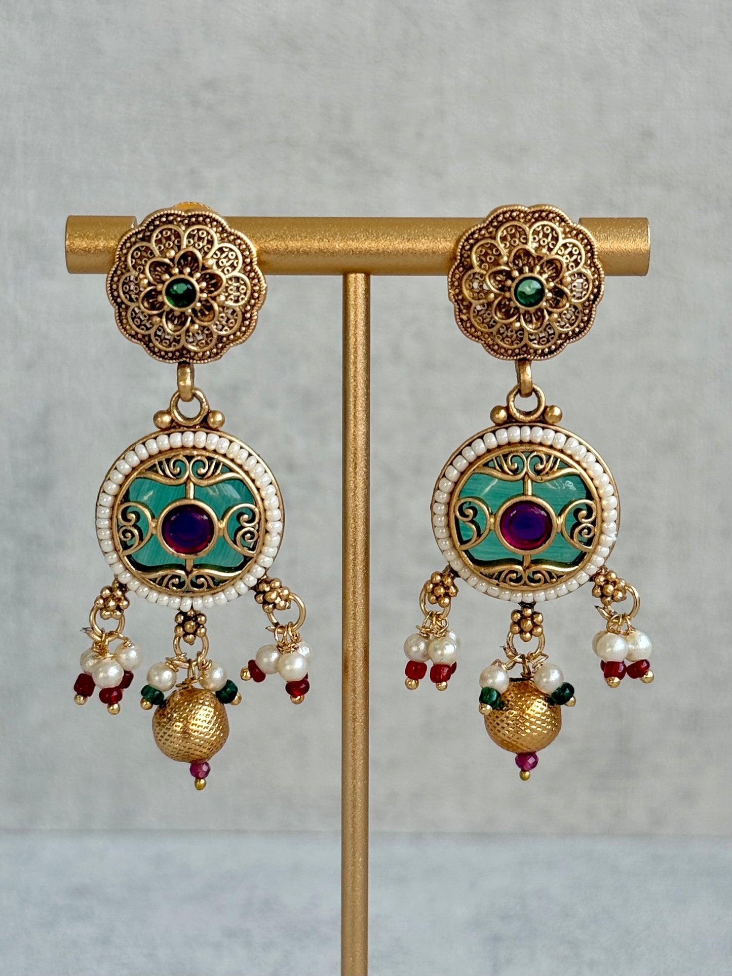 Ayura Designs Haya Choker Set with Stud Earrings – Emerald Enamel with Rani Pink Stones and Pearl Drop Detailing