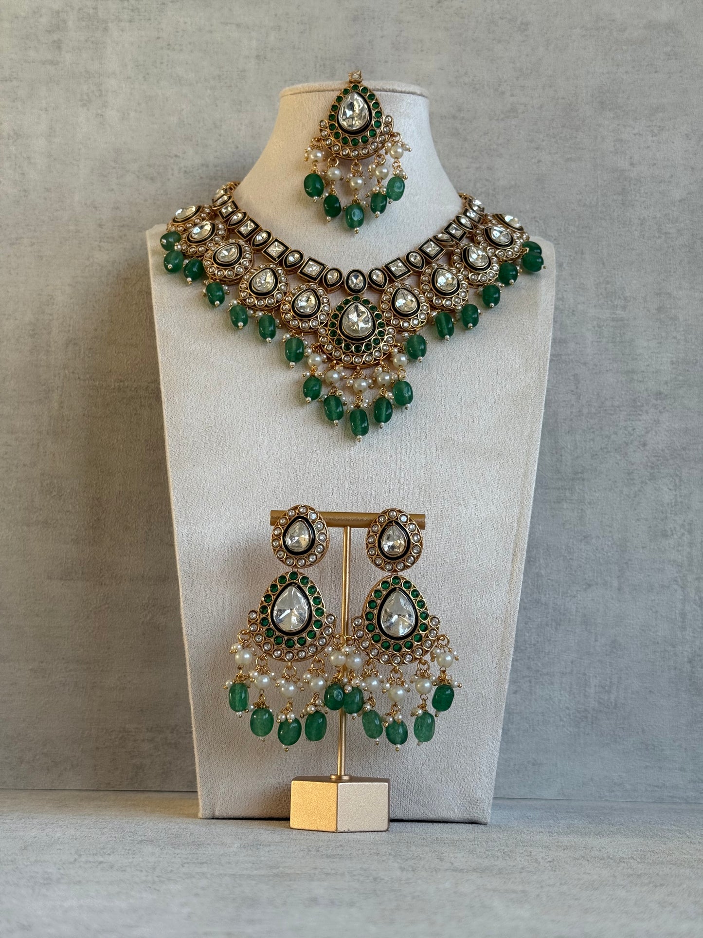Ayura Designs Ishyat Set with Necklace, Earrings & Tikka – Kundan Detailing, Emerald Green Bead Drops