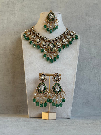 Ayura Designs Ishyat Set with Necklace, Earrings & Tikka – Kundan Detailing, Emerald Green Bead Drops