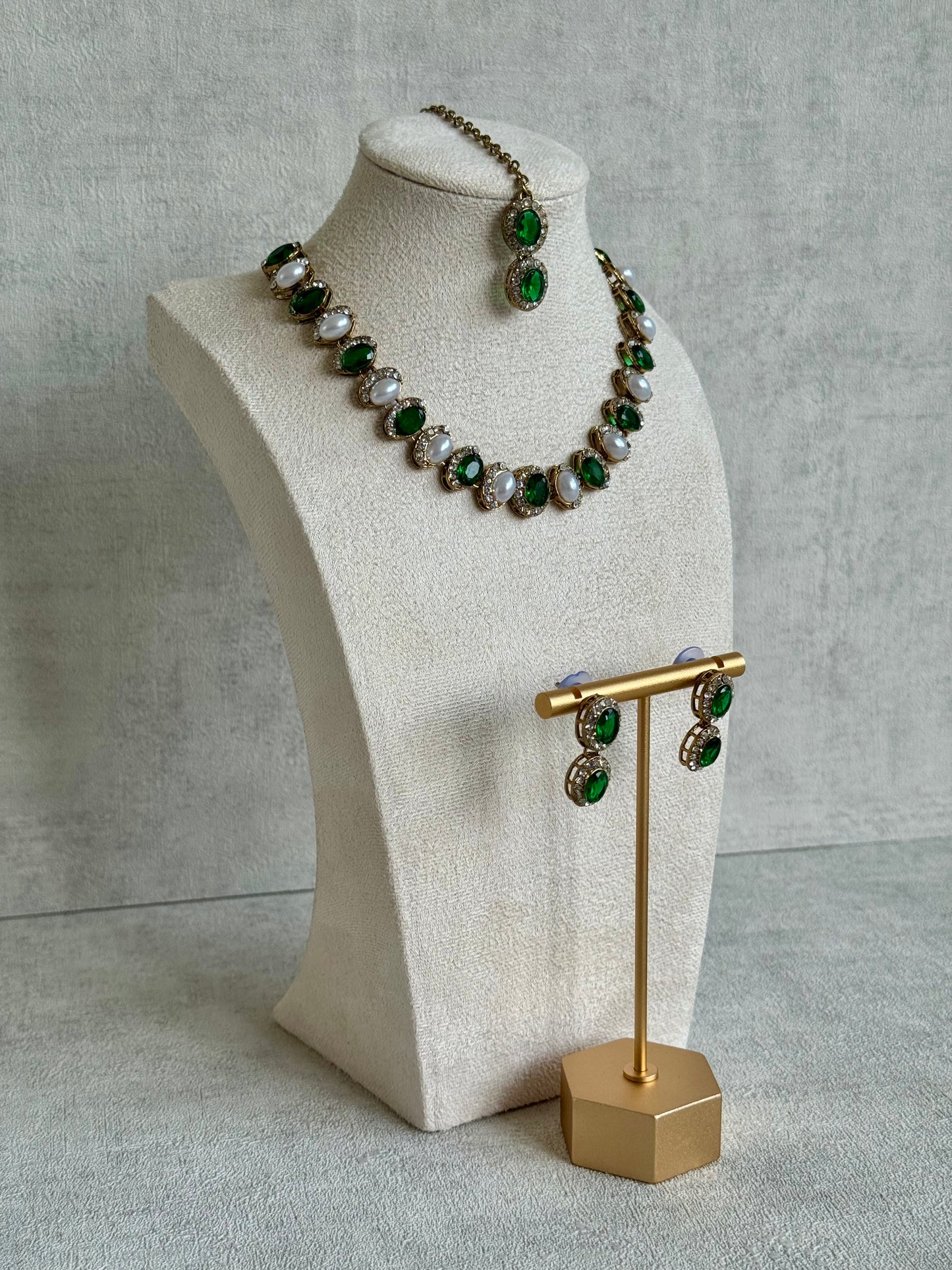 Ayura Designs Eira Set – Necklace, Earrings & Tikka with Emerald Green & Ivory Oval Stones in Antique Gold