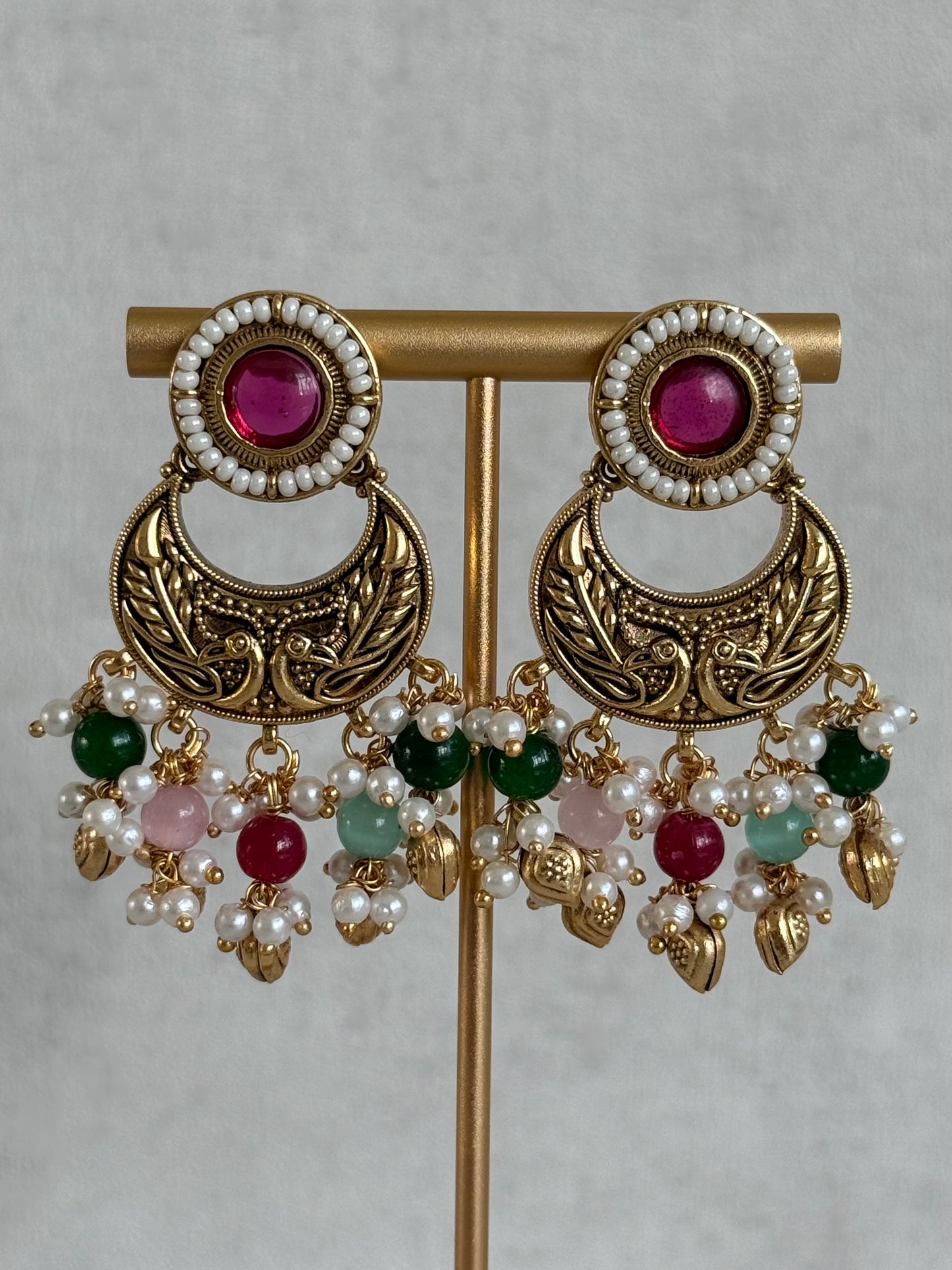 Ayura Designs Mehr Choker Set with Earrings & Tikka – Multicolour Beads, Ruby Pink Centre Stones, Pearl Strands & Antique Gold Finish