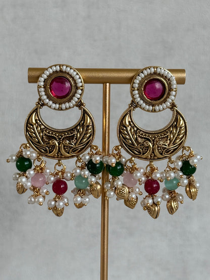 Ayura Designs Mehr Choker Set with Earrings & Tikka – Multicolour Beads, Ruby Pink Centre Stones, Pearl Strands & Antique Gold Finish