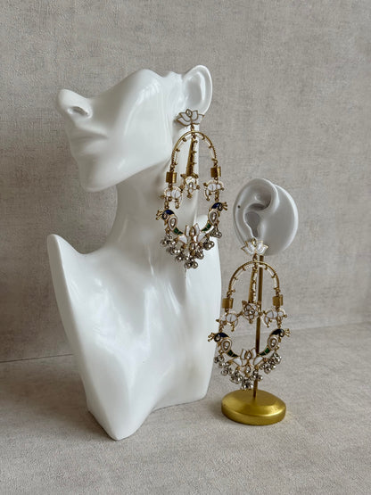 Ayura Designs Zoonpari Earrings – Ivory Pearl, Blue & Green Meenakari Peacock Chandeliers in Dual Tone with Ghungroos