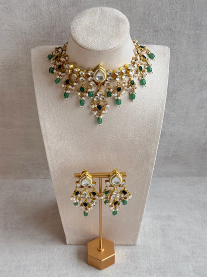 Ayura Designs Naksh Kundan Choker Set with Earrings & Emerald Green Bead Detailing