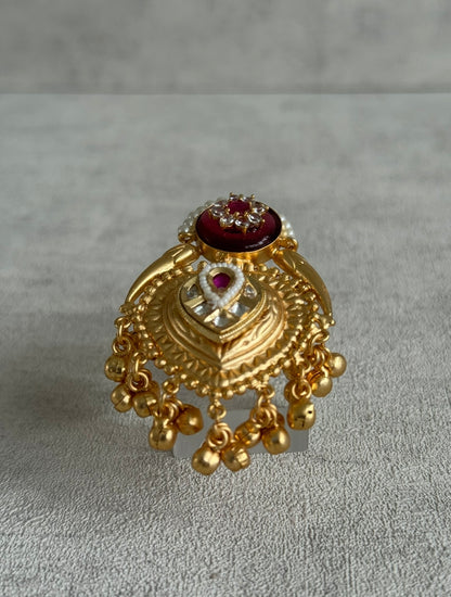 Ayura Designs Sorcha Adjustable Ring – Rose Pink Enamel, Pearl Detailing, Antique Gold & Mirror-Cut Stones