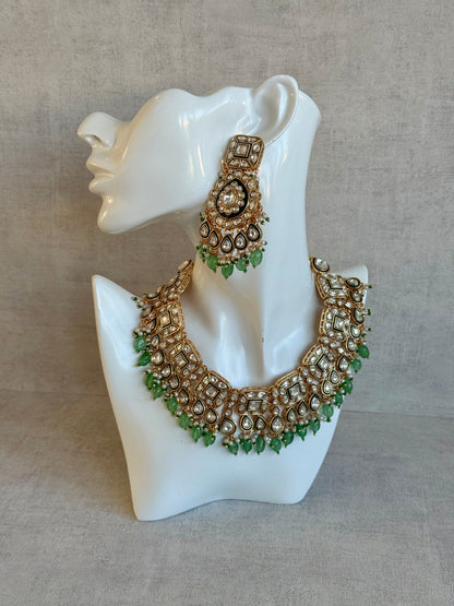 Ayura Designs Ishrat Set with Necklace, Earrings & Tikka – Kundan Detailing, Pearl Drops & Sage Green Beads