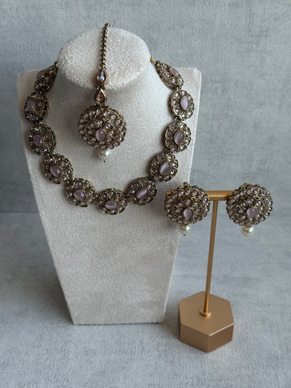 Ayura Designs Sania Set with Necklace, Earrings & Tikka – Blush Pink Stones, Kundan Detailing & Antique Gold Finish