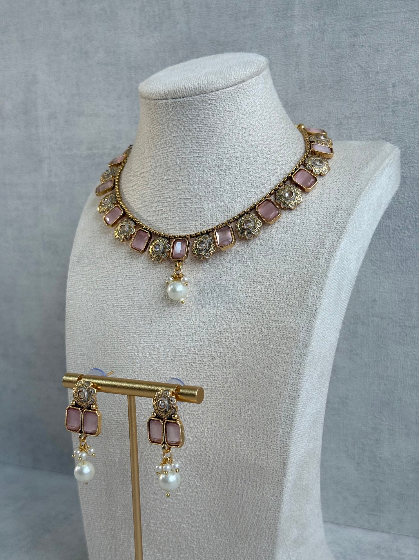 Ayura Designs Padma Necklace Set with Earrings – Blush Pink Stones with Pearl Drop Detailing