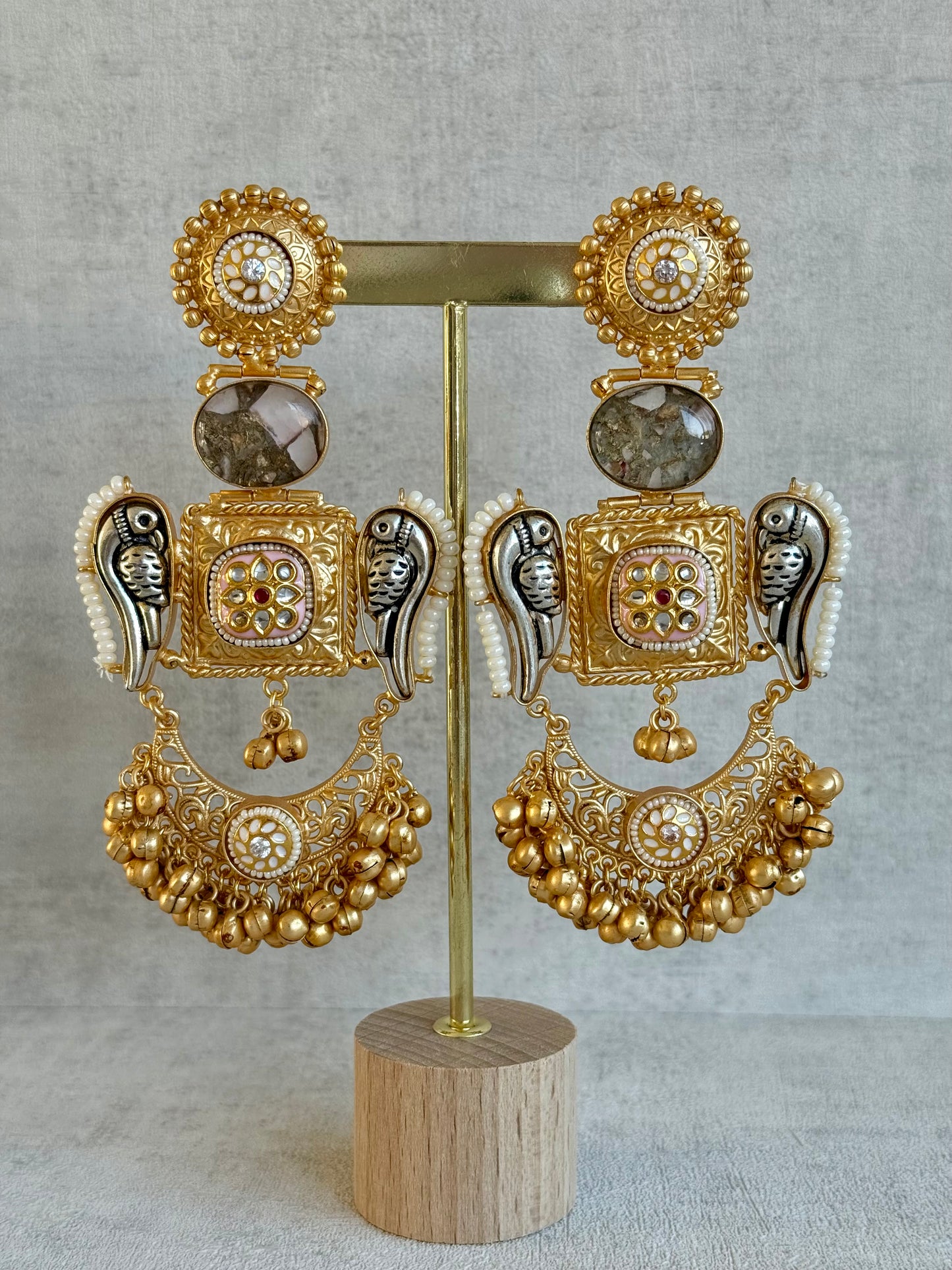 Ayura Designs Soha Earrings – Antique Gold with Smoky Grey Stone & Oxidised Parrots