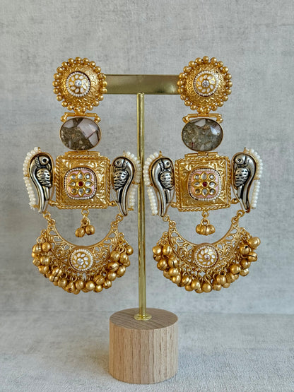 Ayura Designs Soha Earrings – Antique Gold with Smoky Grey Stone & Oxidised Parrots