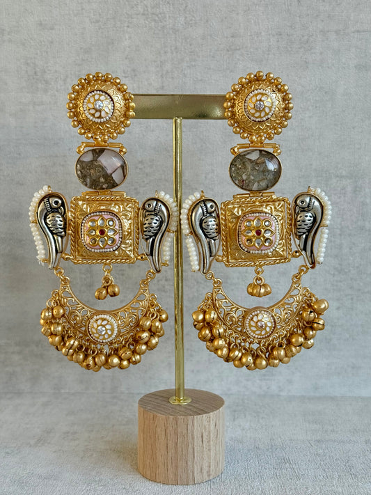 Ayura Designs Soha Earrings – Antique Gold with Smoky Grey Stone & Oxidised Parrots