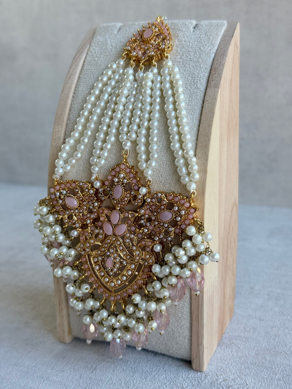 Ayura Designs Zahara Jhoomar Passa – Blush Pink Stones, Ivory Pearls & Gold Finish