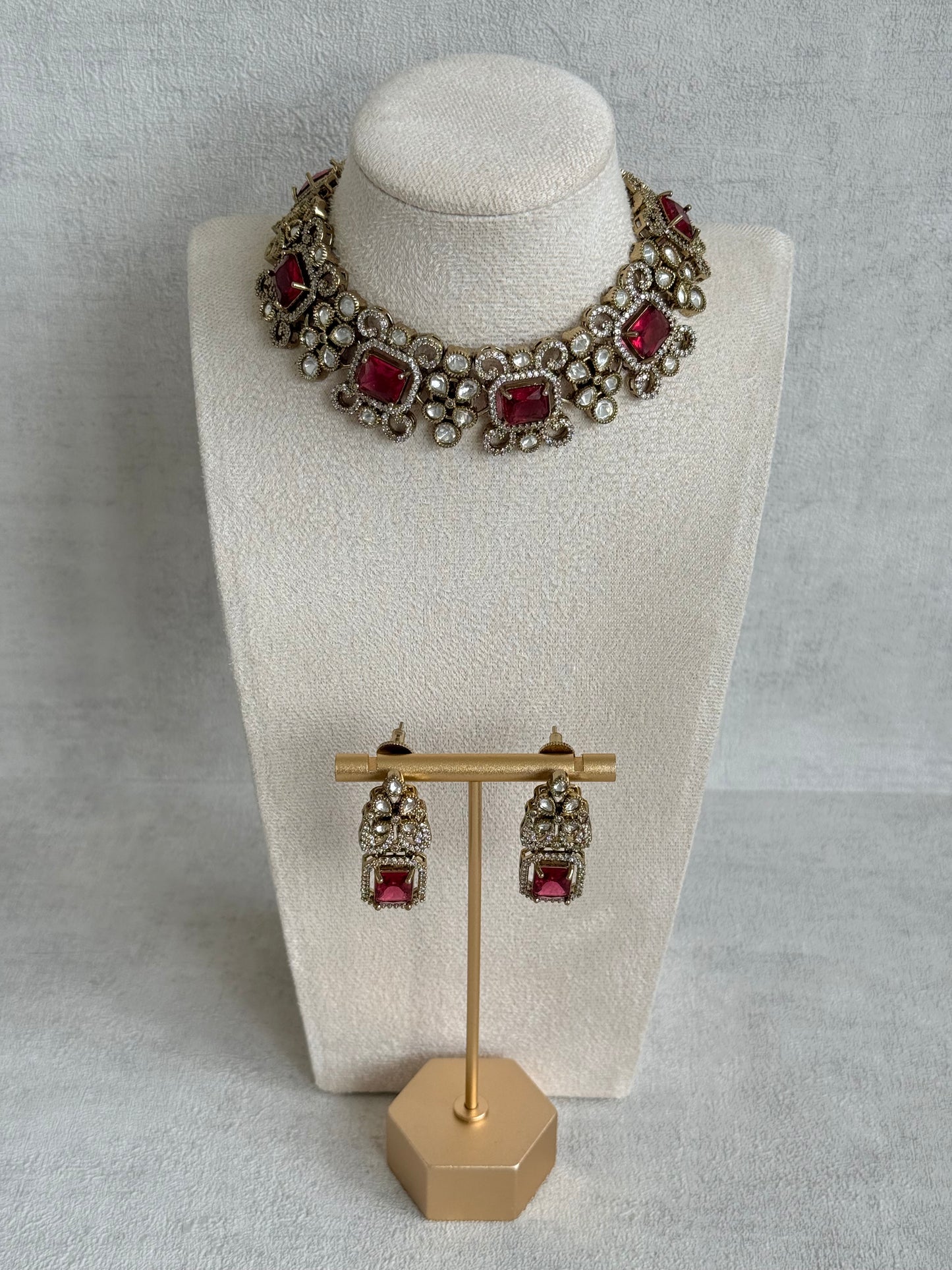 Ayura Designs Celine Necklace Set with Earrings – Moissanite Ruby Rose Statement Set
