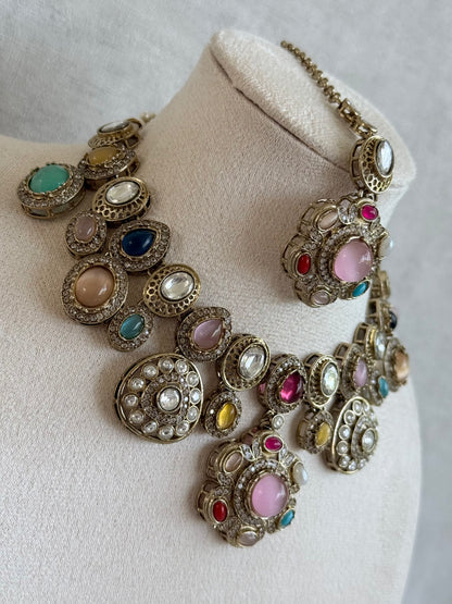 Ayura Designs Elvira Necklace Set with Earrings & Tikka – Multicolour Stone Necklace with Pink Centre Stones & Pearl Detailing