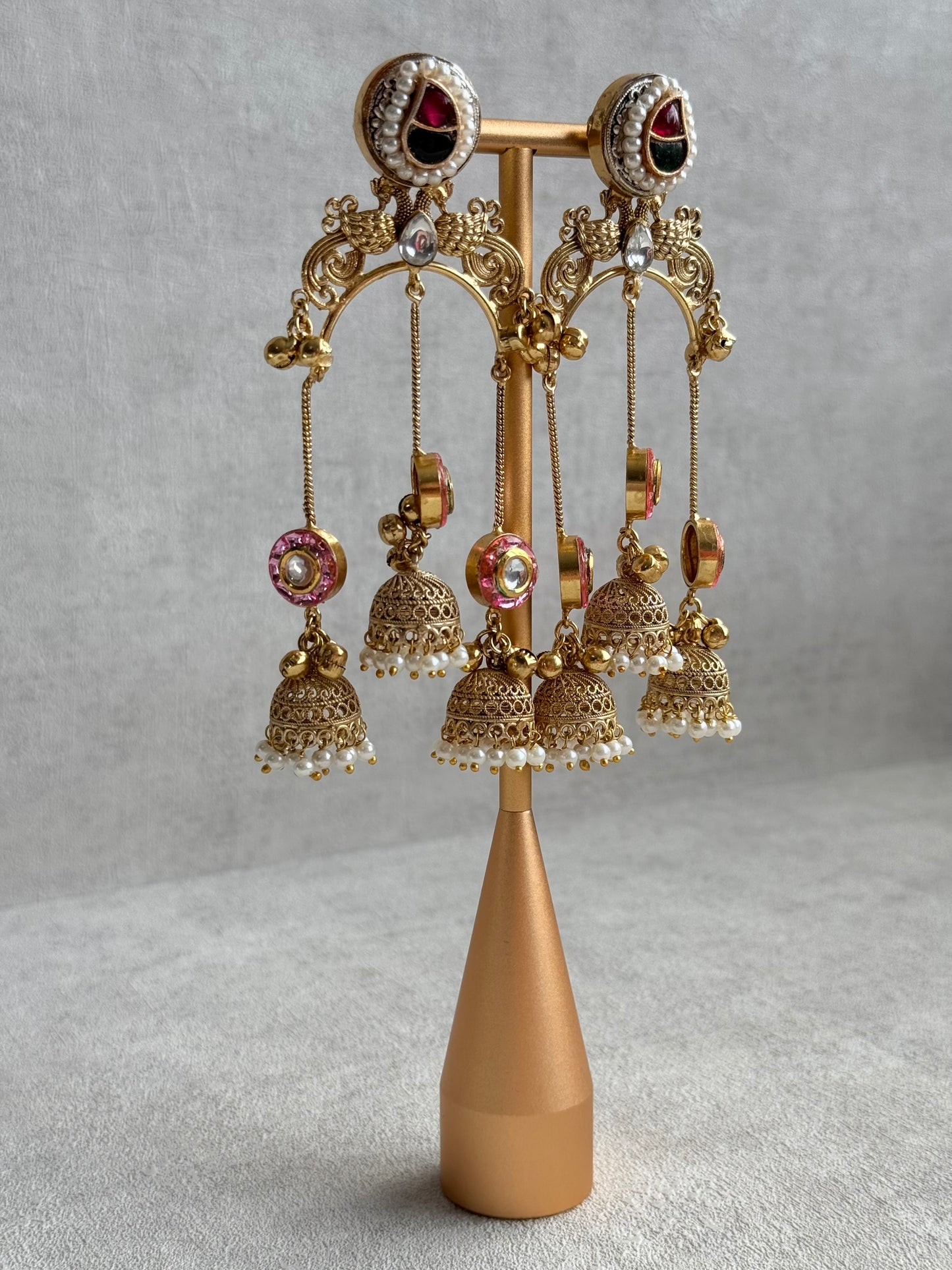 Ayura Designs Arzina Earrings – Triple Jhumki Earrings with Blush Pink Stones, Pearl Borders & Gold Detailing