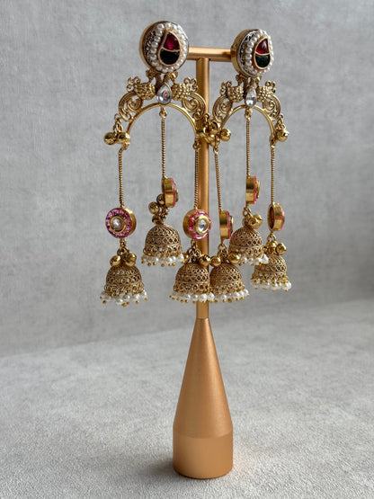 Ayura Designs Arzina Earrings – Triple Jhumki Earrings with Blush Pink Stones, Pearl Borders & Gold Detailing