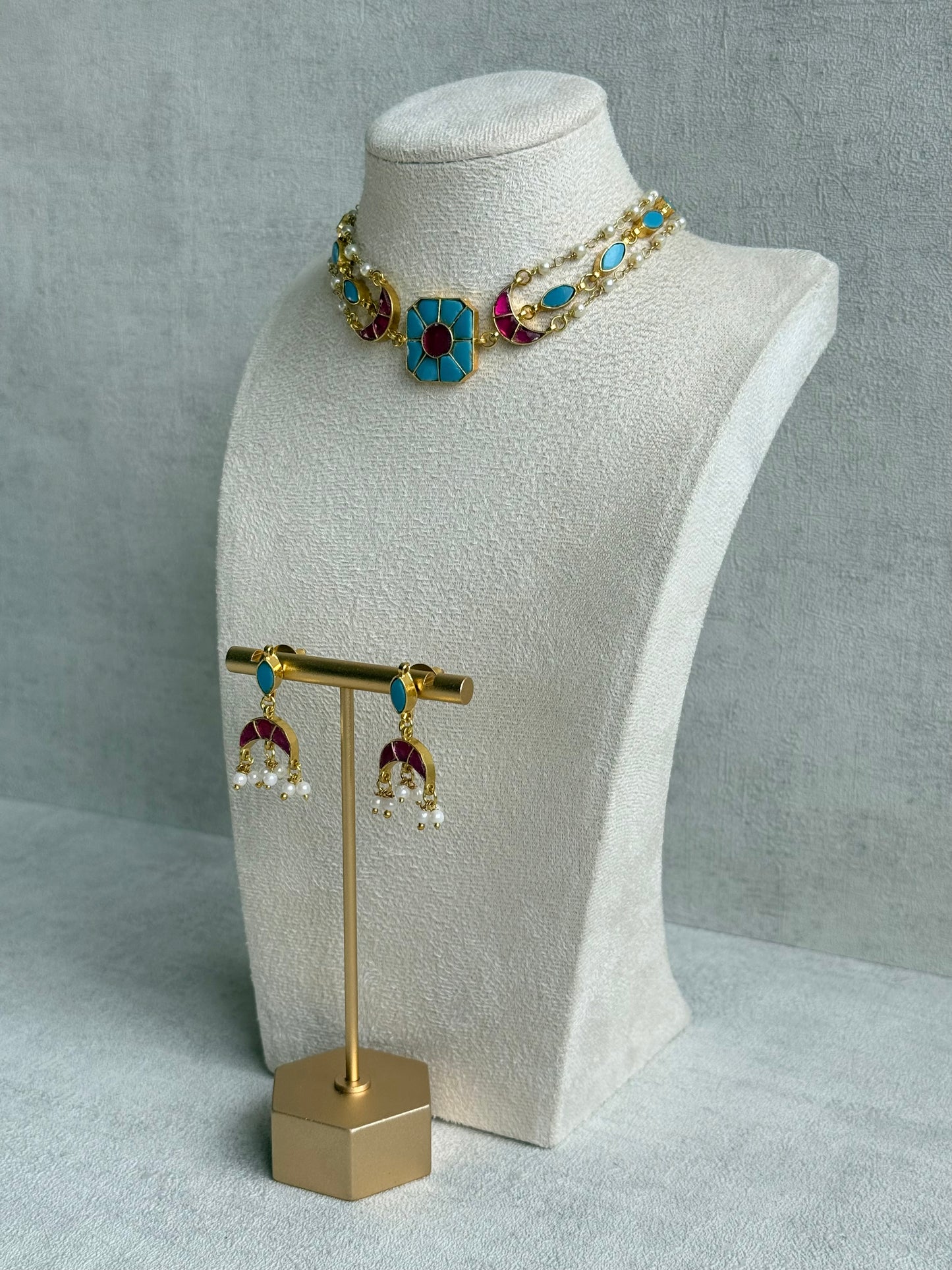 Ayura Designs Mahi Choker Set with Earrings – Meenakari Kundan Turquoise Blue & Hot Pink Detailing