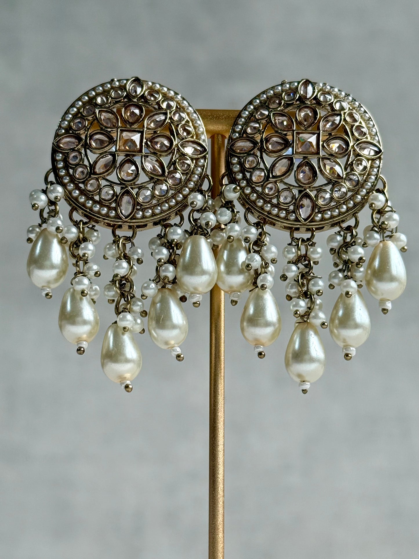 Ayura Designs Aynoor Earrings – Antique Gold Finish with Mirror-Cut Stones & Pearl Drops