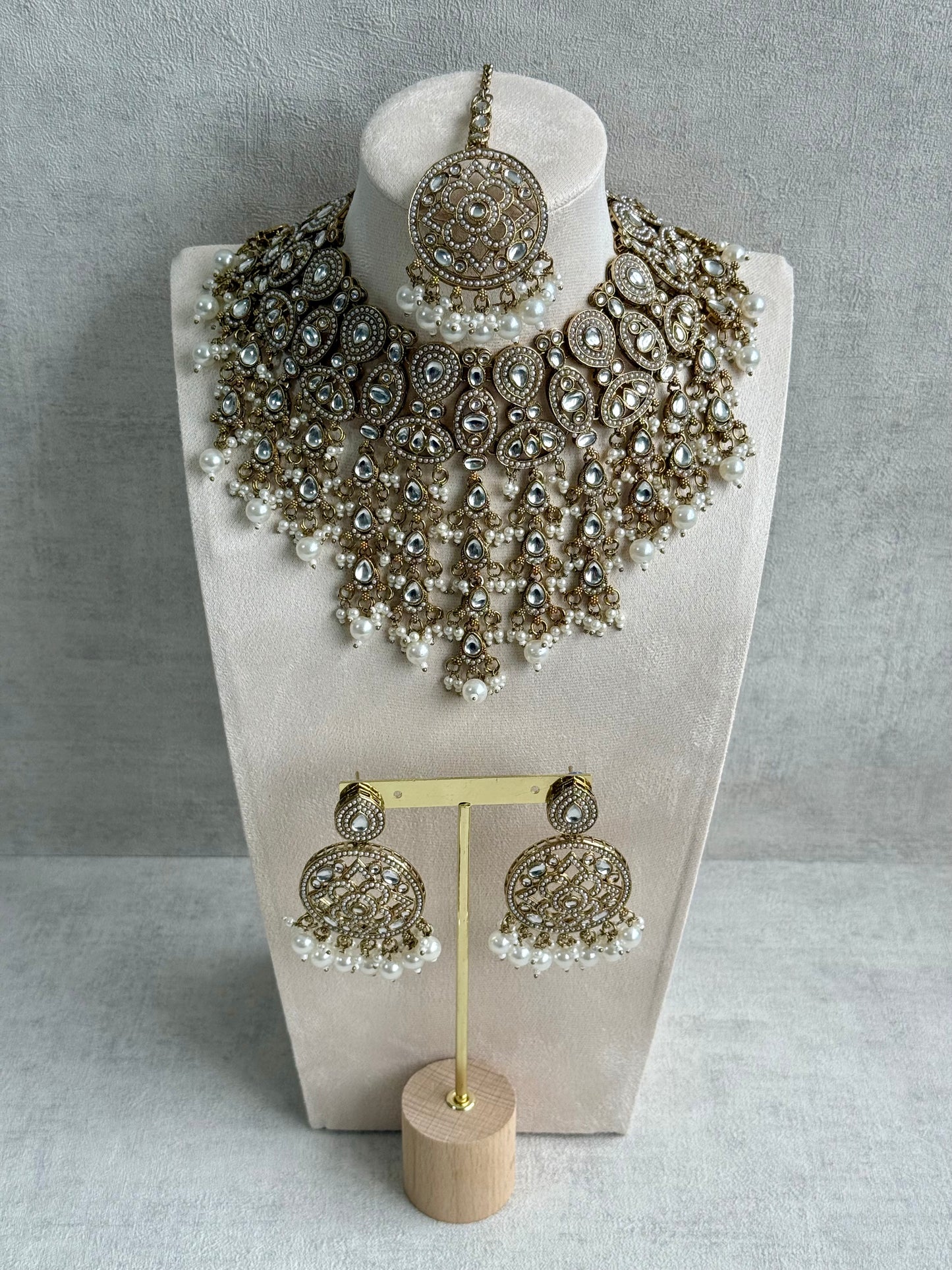 Ayura Designs Tanya Bridal Set with Necklace, Earrings & Tikka – Ivory Pearls, Mirror-Cut Stones & Antique Gold Finish