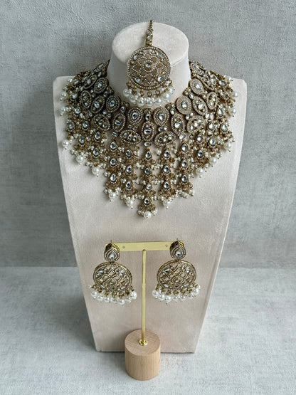 Ayura Designs Tanya Bridal Set with Necklace, Earrings & Tikka – Ivory Pearls, Mirror-Cut Stones & Antique Gold Finish