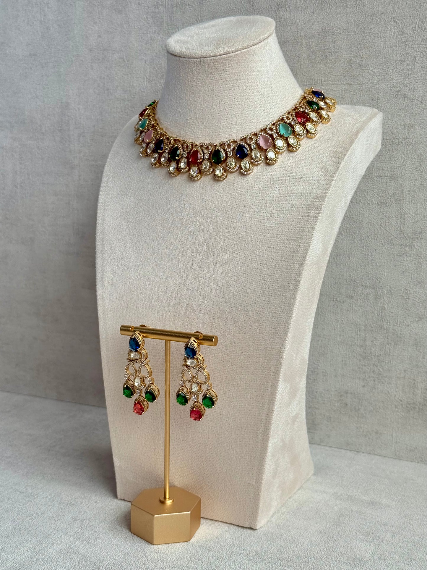Ayura Designs Sylvie Necklace Set with Earrings – Gold Finish with Moissanite Crystals & Multicolour Stones