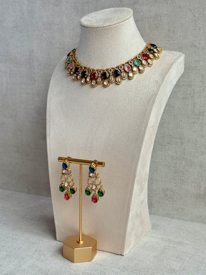 Ayura Designs Sylvie Necklace Set with Earrings – Gold Finish with Moissanite Crystals & Multicolour Stones