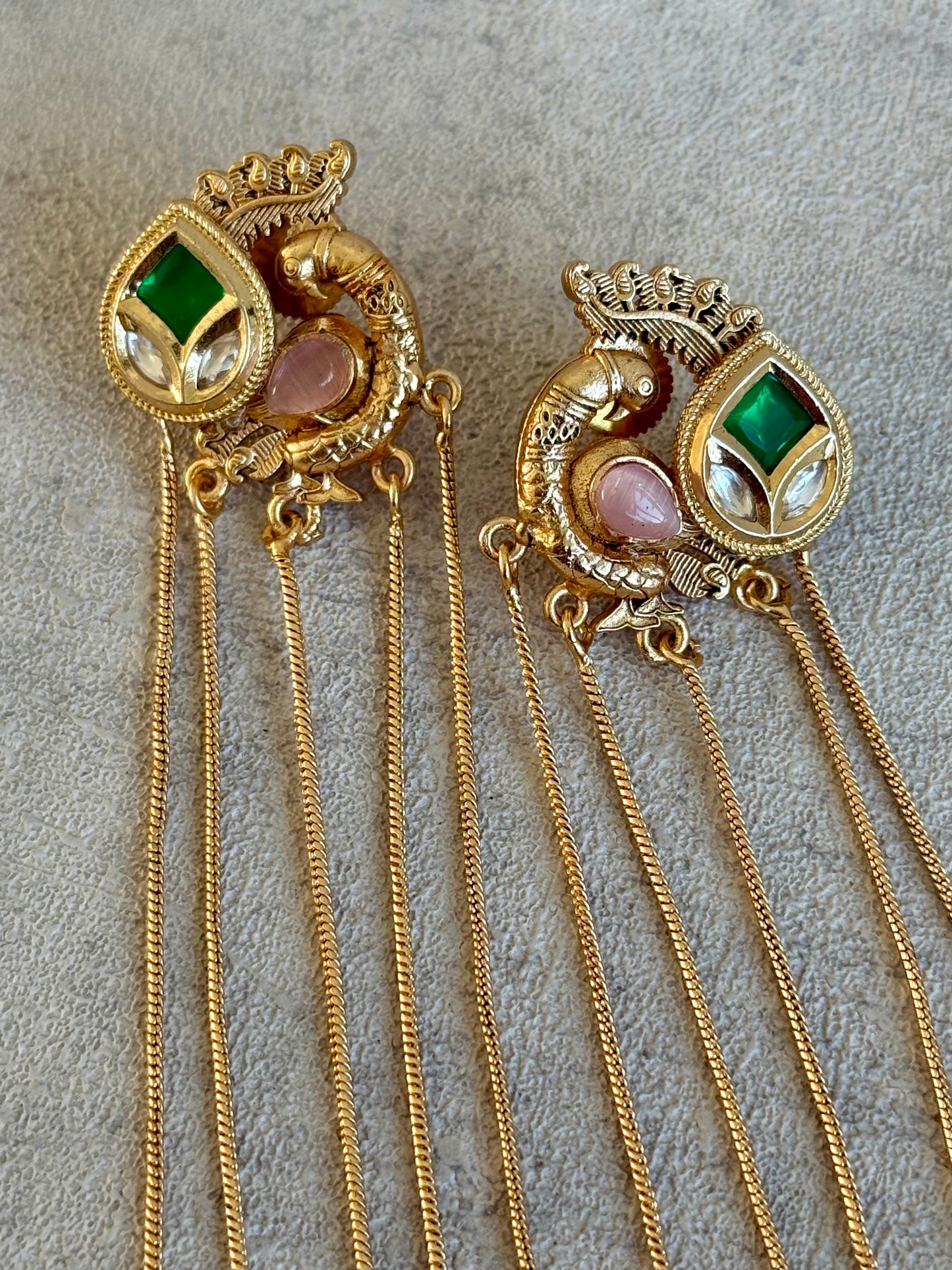 Ayura Designs Morira Earrings – Antique Gold Jhumki Earrings with Kundan Stones, Chains & Ghungroo Detailing