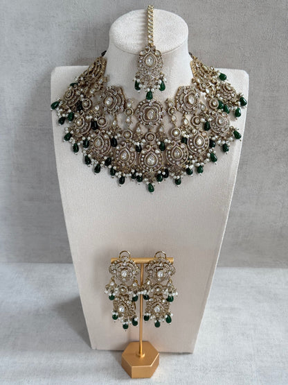 Ayura Designs Fazal Set with Necklace, Earrings & Tikka – Emerald Green Drops, Pearl Detailing & Moissanite Stonework