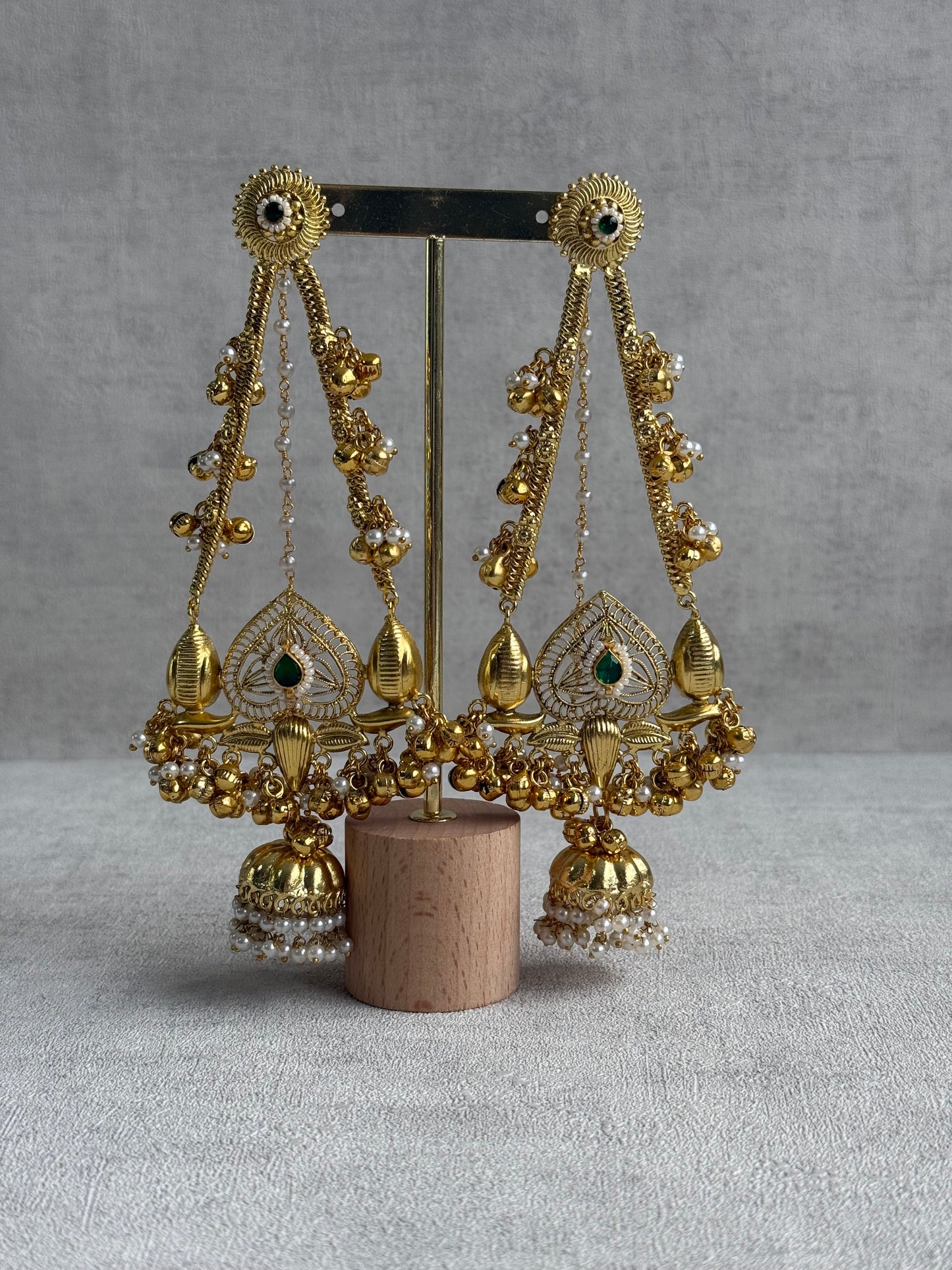 Ayura Designs Teja Earrings – Antique Gold Jhumkis with Emerald Stone & Pearl Detailing