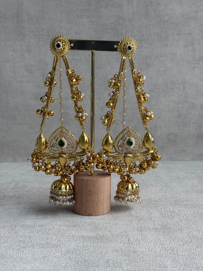 Ayura Designs Teja Earrings – Antique Gold Jhumkis with Emerald Stone & Pearl Detailing