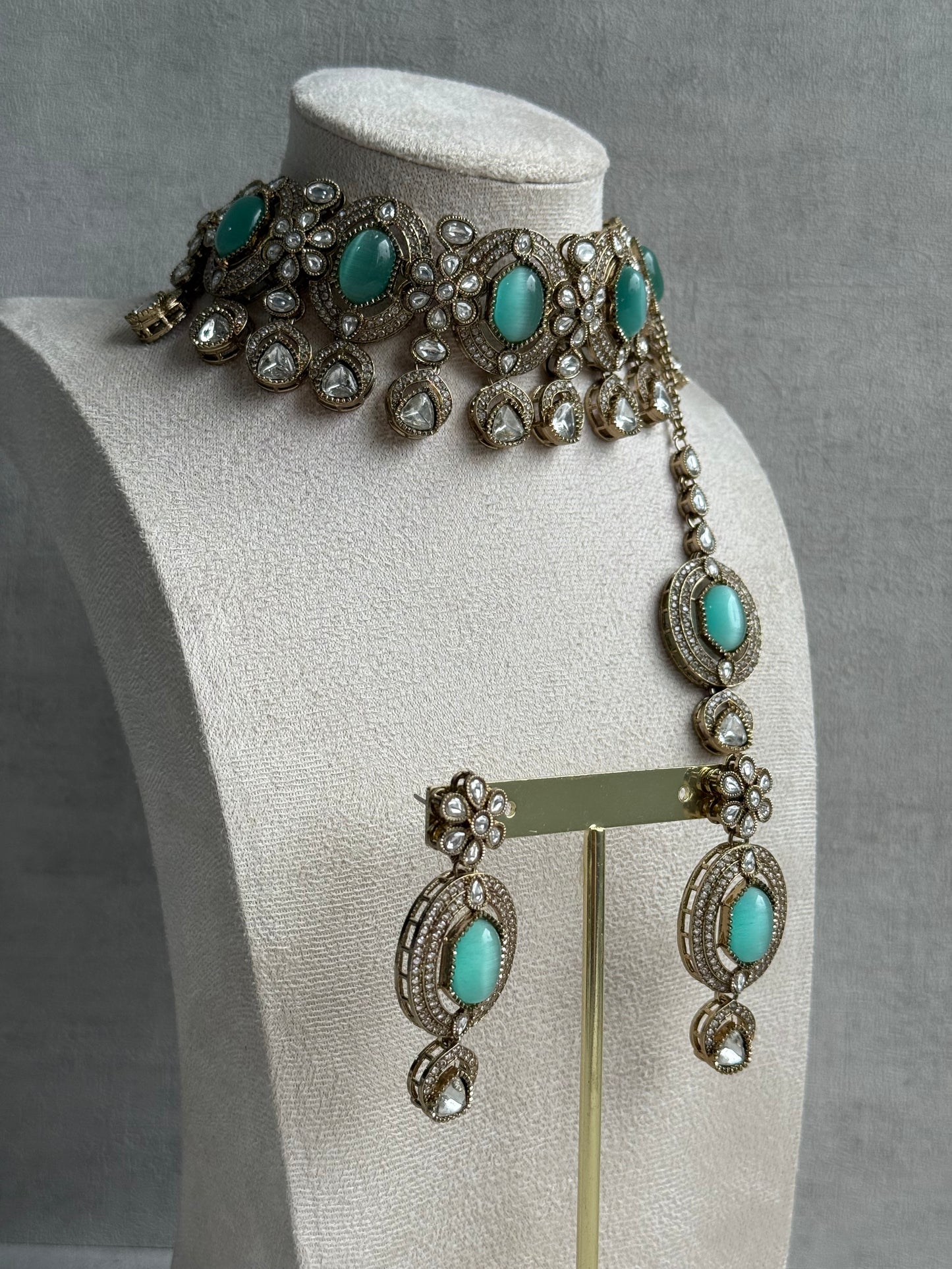 Ayura Designs Emanya Choker Set – Choker, Earrings & Tikka with Mirror-Cut Stones, Aqua & Antique Gold Detailing