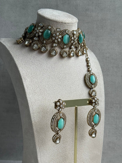 Ayura Designs Emanya Choker Set – Choker, Earrings & Tikka with Mirror-Cut Stones, Aqua & Antique Gold Detailing
