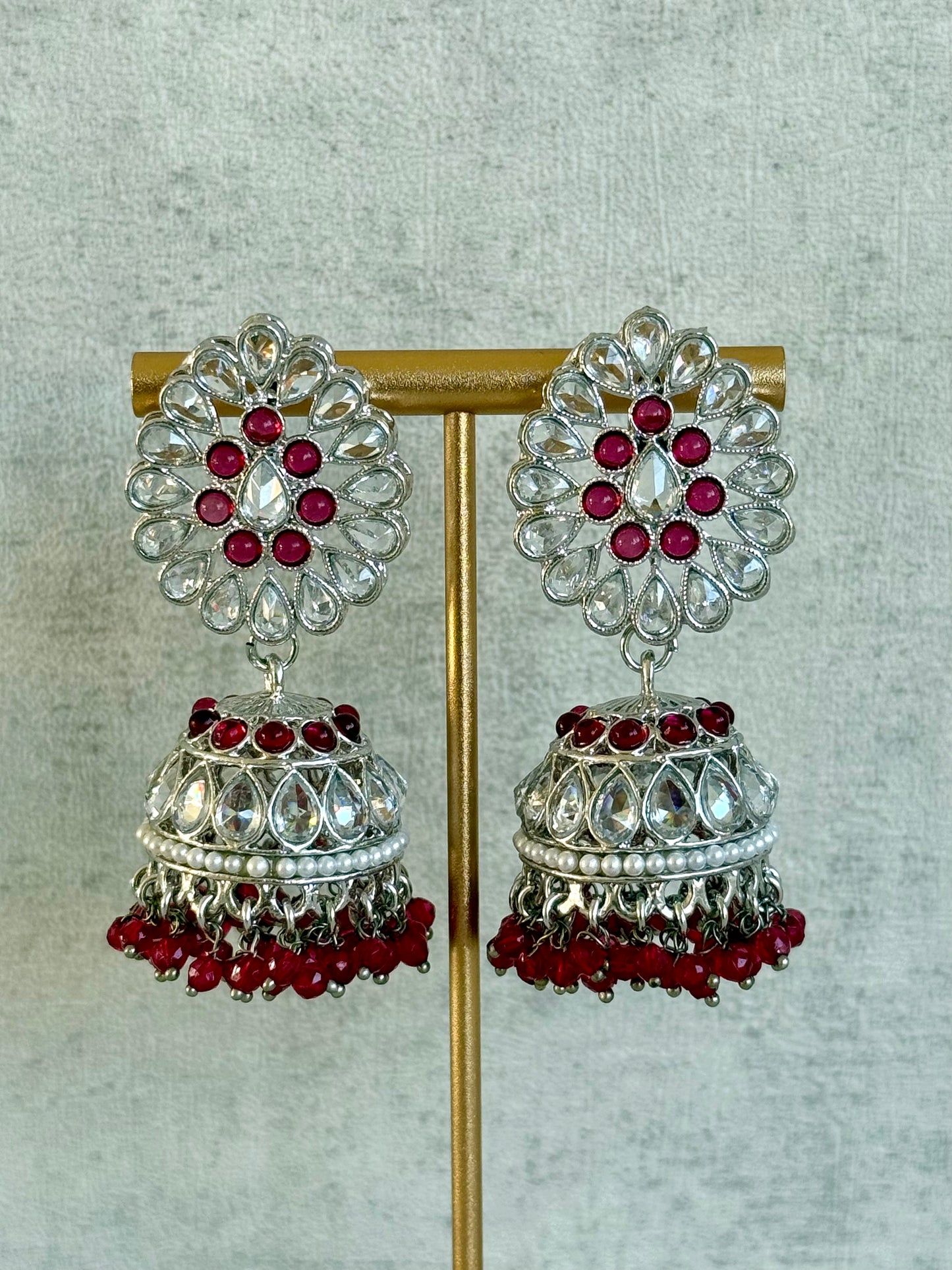 Ayura Designs Saima Set – Necklace, Jhumkis & Tikka in Deep Rose Pink with Silver Finish