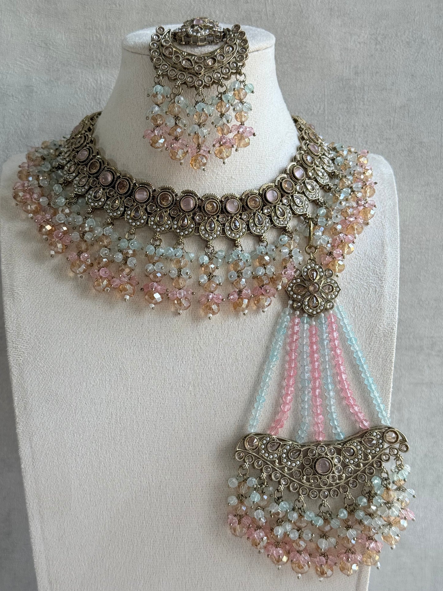 Ayura Designs Dilnaz Necklace Set – Blush Pink, Aqua & Champagne Crystal Beads
