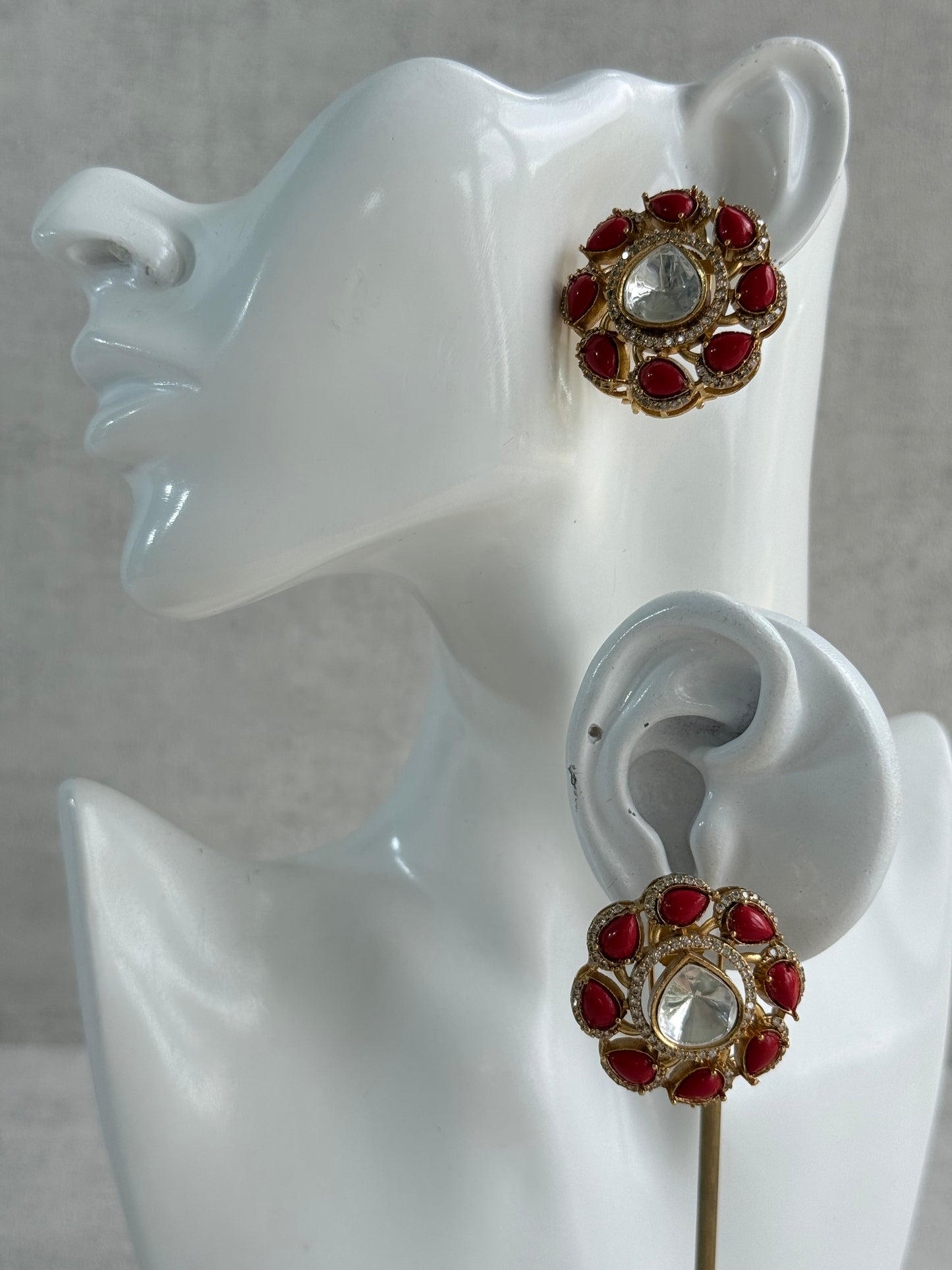 Ayura Designs Giana Stud Earrings – Ruby Red & Crystal Kundan with Gold Finish