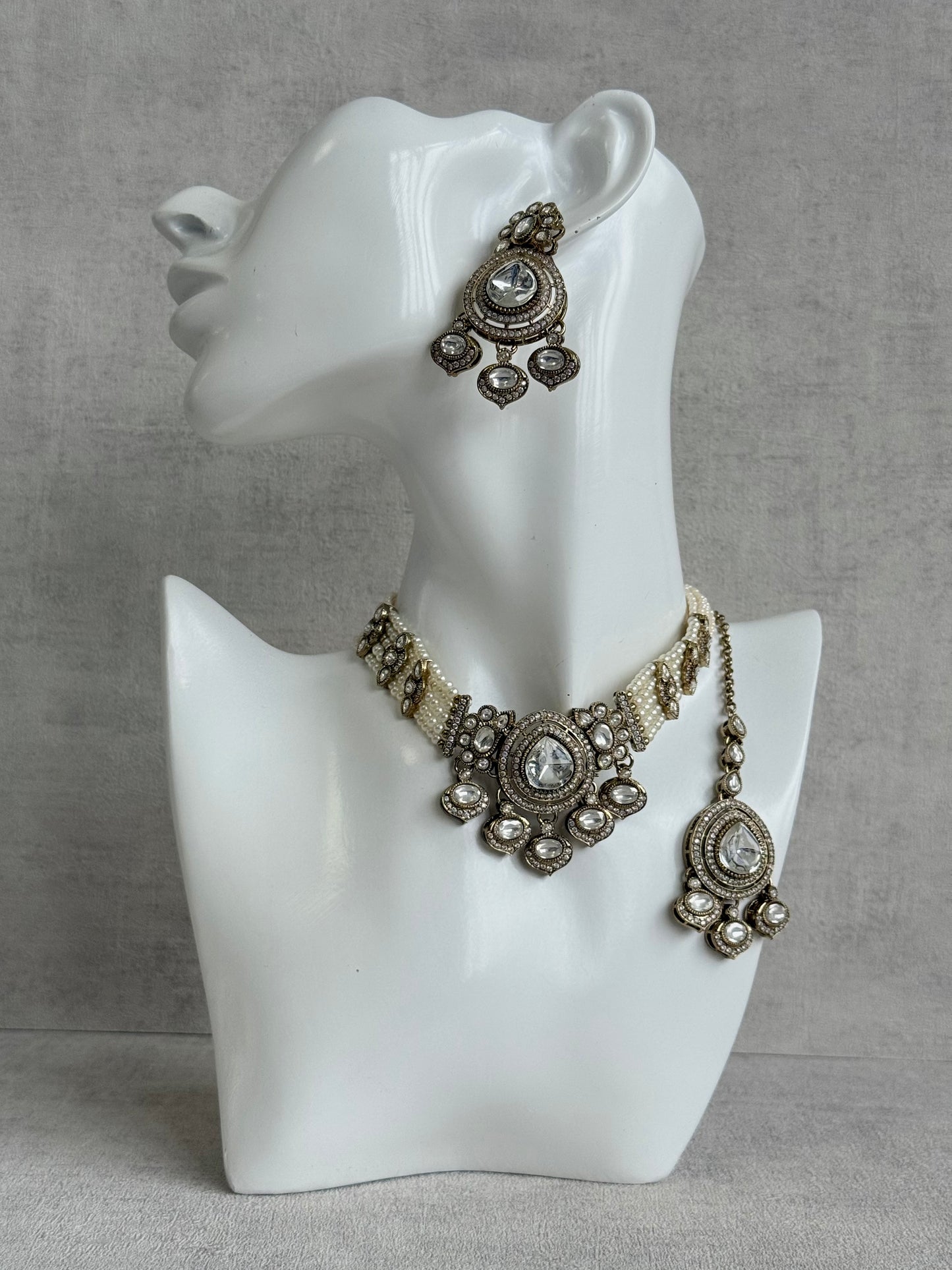 Ayura Designs Rahi Necklace Set with Earrings & Tikka – Ivory Pearl Stones with Mirror-Cut Detailing & Pearl Strands