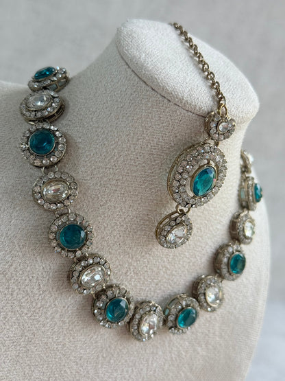 Ayura Designs Eira Necklace Set with Earrings & Tikka – Teal & Crystal Stones with Antique Gold Finish