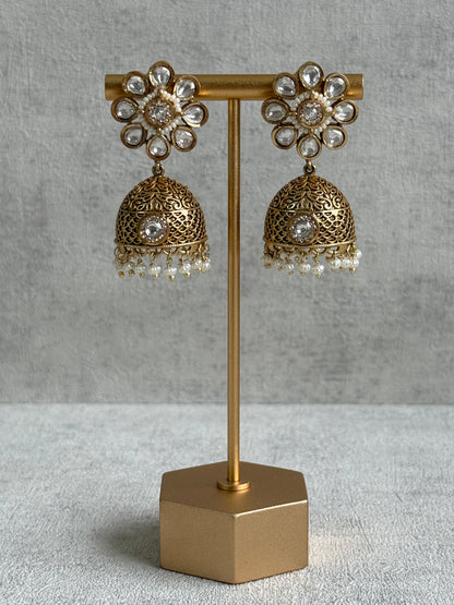 Ayura Designs Tanu Choker Set – Antique Gold Choker & Jhumkis with Kundan, Pearl Borders & Filigree Detailing