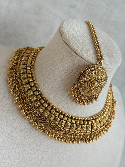Ayura Designs Iksirat Necklace Set with Jhumkis & Tikka – Gold Heritage Design with Ghungroo Detailing