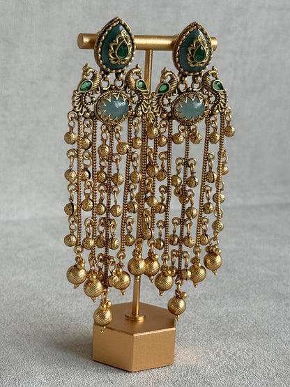 Ayura Designs Pakhi Earrings – Peacock Statement Earrings with Green Stones & Ghungroo Chain Tassels