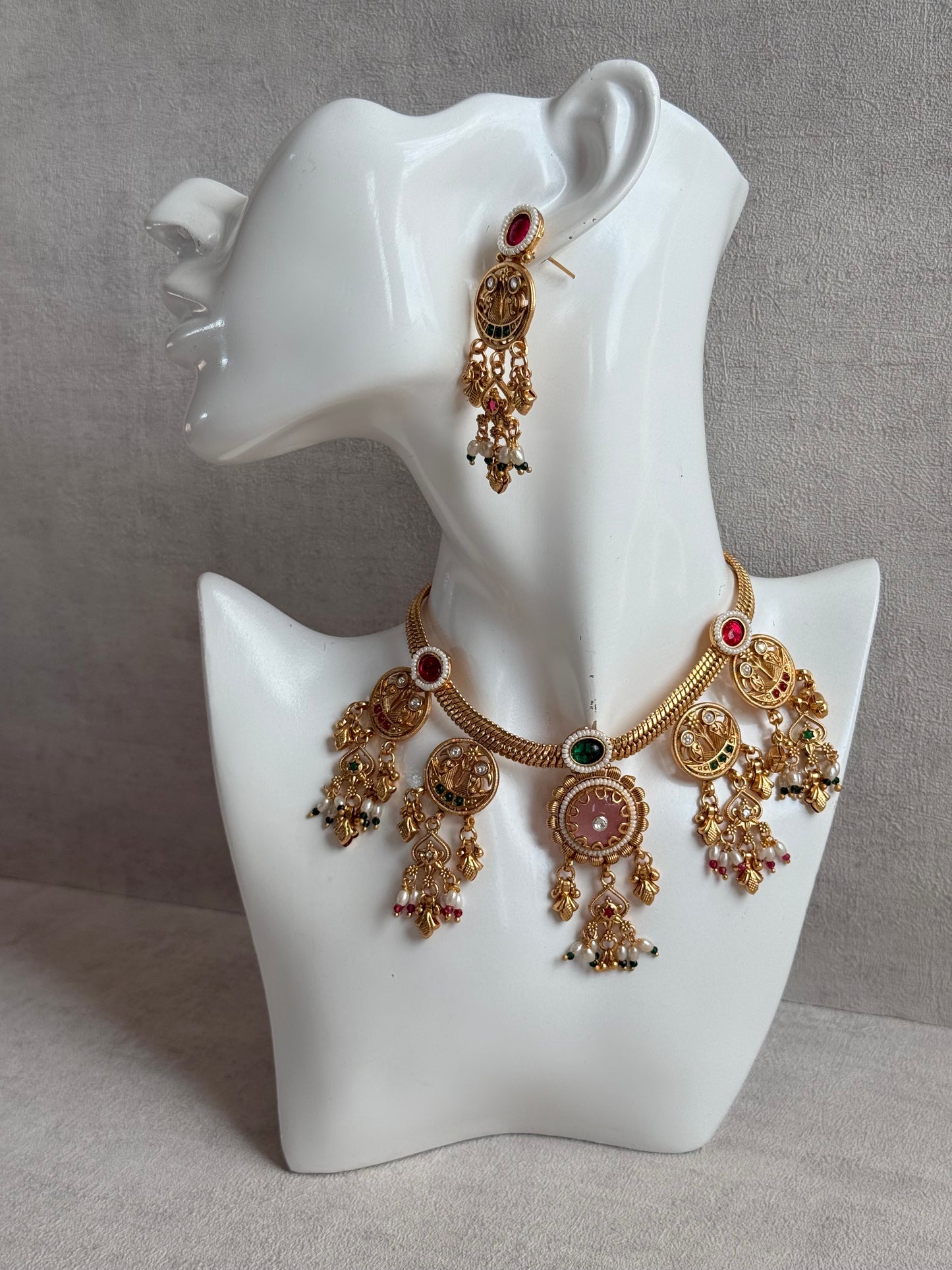 Ayura Designs Parchhai Necklace Set with Earrings – Rose Pink, Ruby Red & Emerald Green Stones, Bird Motifs & Pearl Detailing