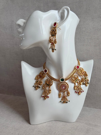 Ayura Designs Parchhai Necklace Set with Earrings – Rose Pink, Ruby Red & Emerald Green Stones, Bird Motifs & Pearl Detailing