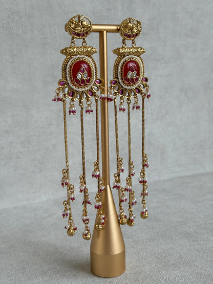 Ayura Designs Kaveri Earrings – Gold Long Chain Drop Earrings with Kundan, Pearls & Ghungroo Detailing – Ruby Red