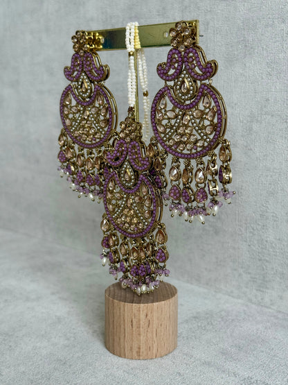 Ayura Designs Anvi Tikka Set with Earrings – Lilac with Champagne Stones & Pearl Drops
