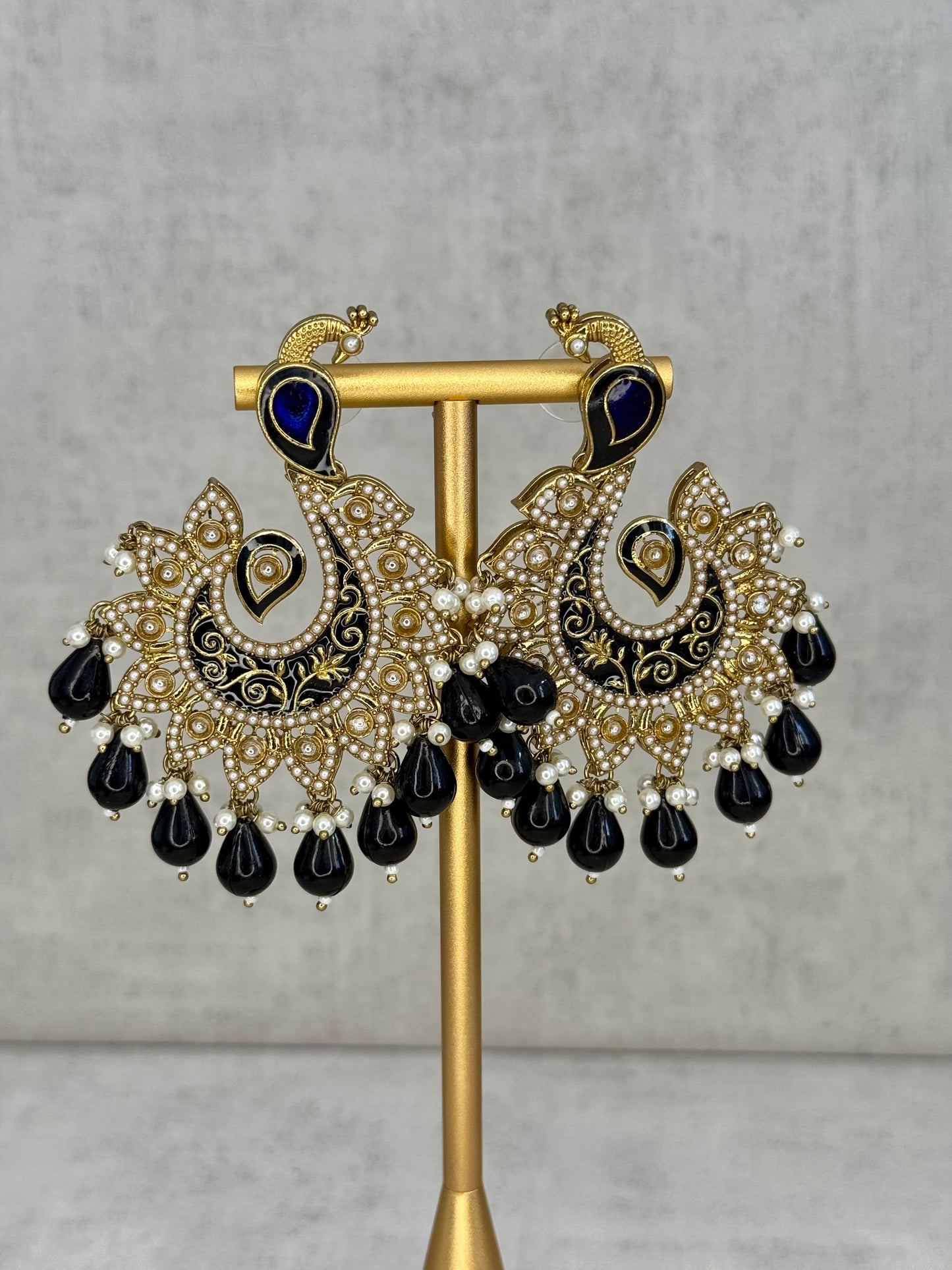 Ayura Designs Moorni Earrings – Peacock-Inspired Chandbalis with Navy Blue Meenakari, Kundan, and Pearl Accents