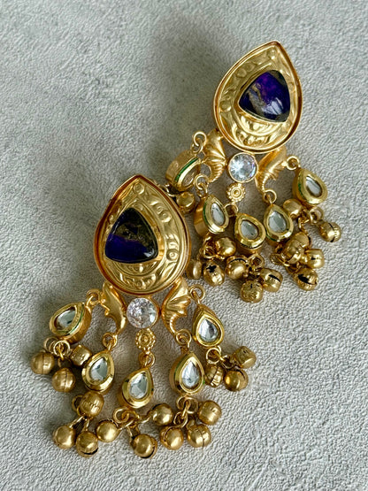 Ayura Designs Arheer Earrings – Violet Marble with Kundan Detailing & Antique Gold Ghungroos