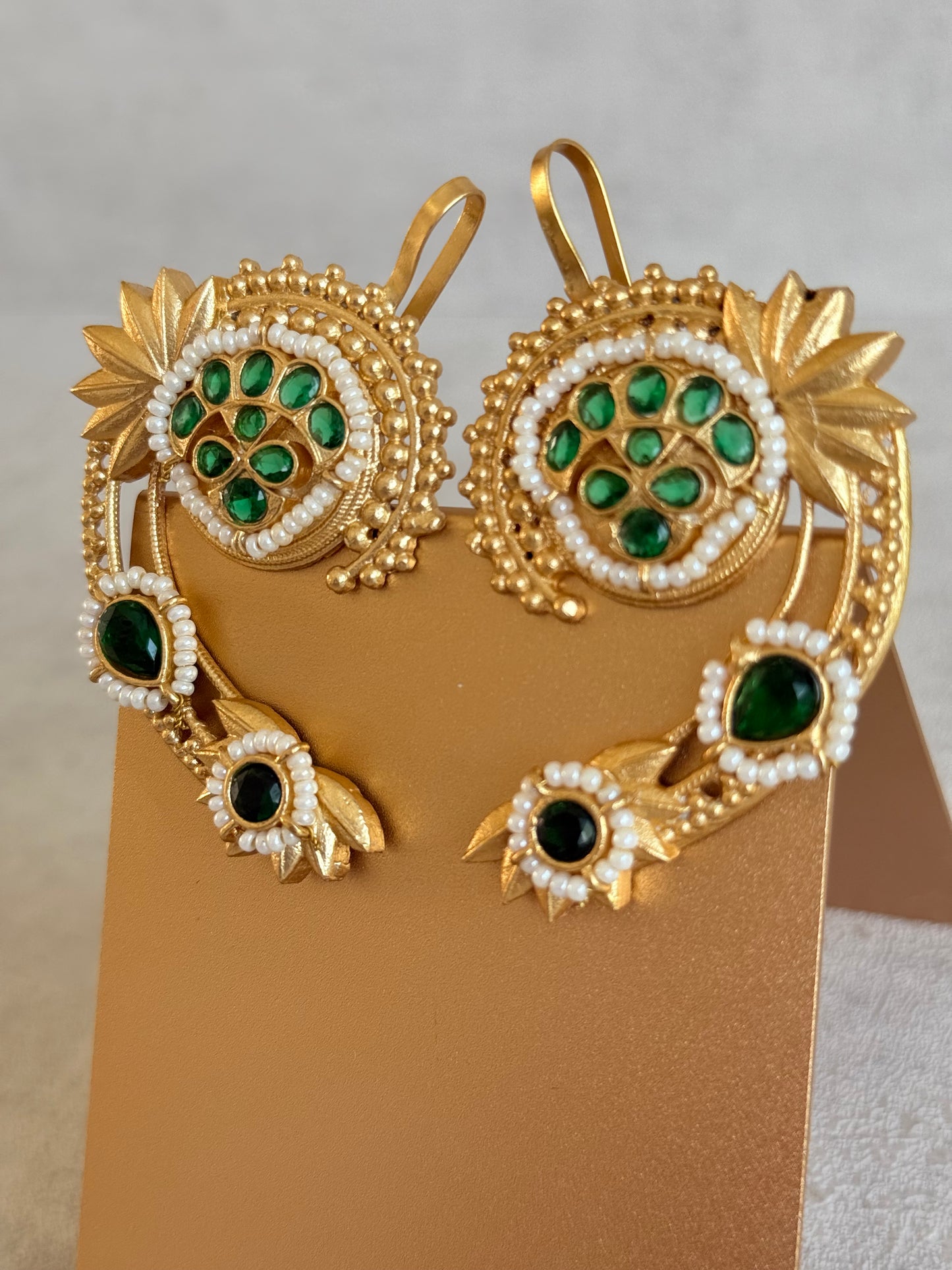 Ayura Designs Raatani Ear Climbers – Emerald Green Ear Climbers with Pearl Detailing & Floral Cutwork Design